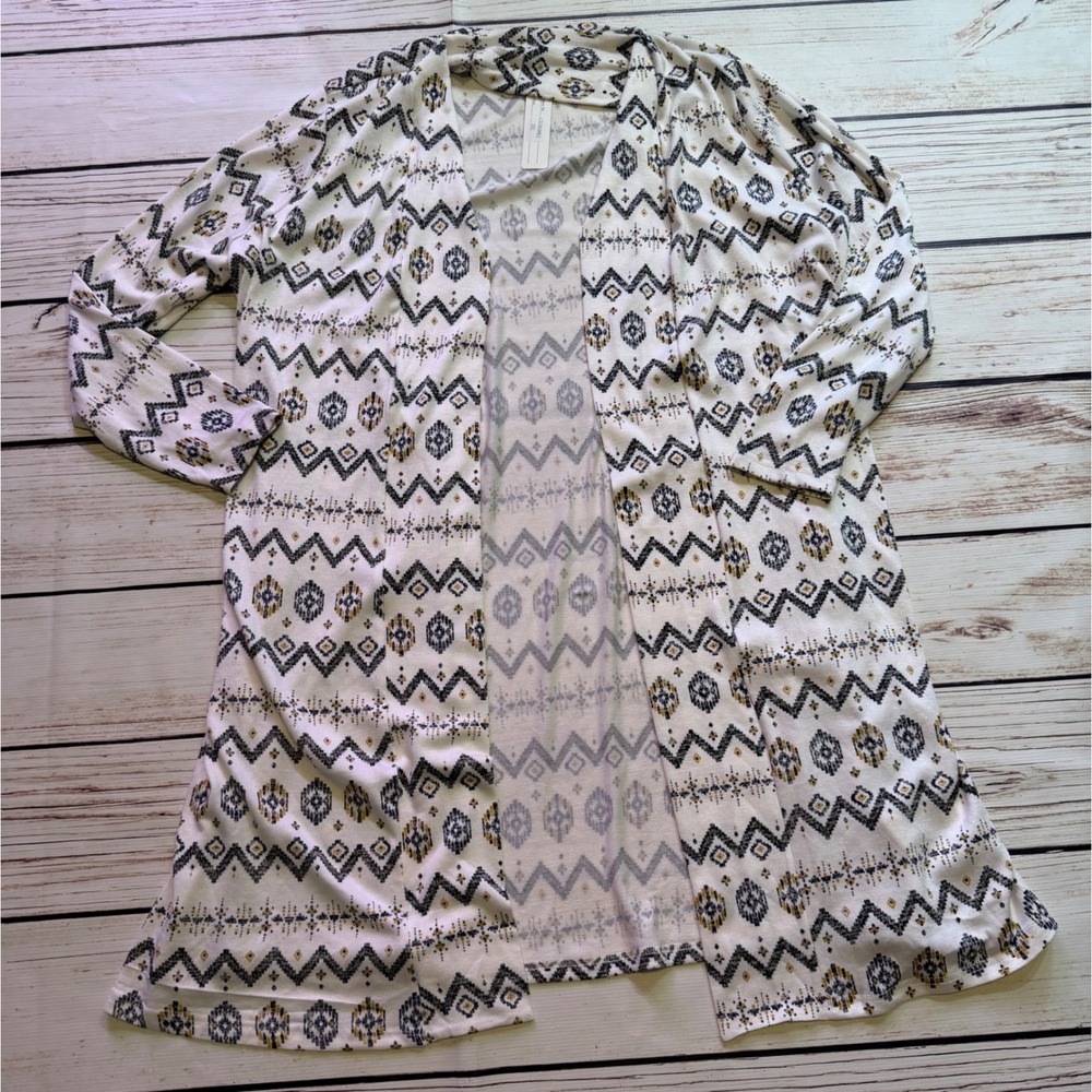 Angela Plus Womens 3XL Geometric Tribal Print Open Front Cardigan White